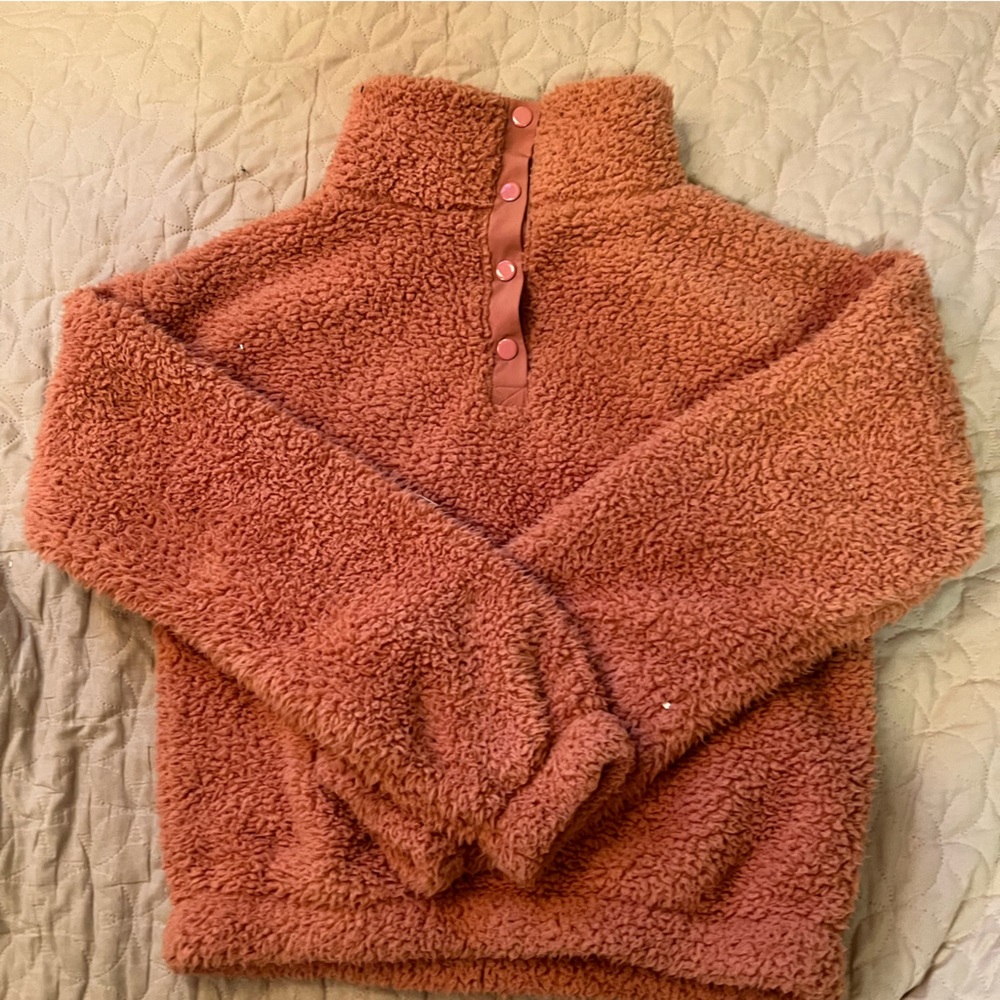 Pink fluffy button up turtle neck